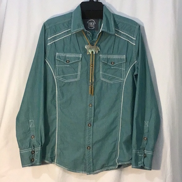 🌵 Buckle BKE ‘Standard Fit’ Turquoise White Trim Metal Buttons Long Sleeve - Picture 5 of 5